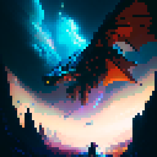 stylized, vibrant, and action-packed.

        Fiery dragon warrior charging towards a looming shadow, with a backdrop of swirling clouds and crackling lightning.