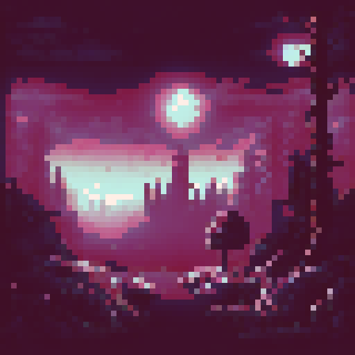 eerie, mist-covered trees, silhouetted against a dark night sky, pixel art, background, landscape