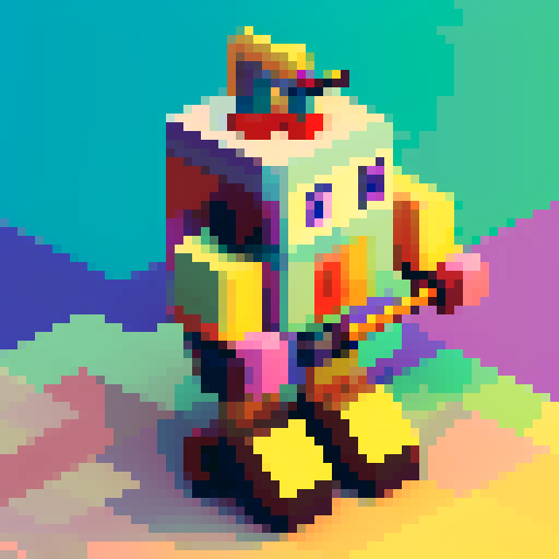 robot woodcutter with axe, caterpillar legs replaced by axe, vibrant colors, blocky shapes, retro video game aesthetic, 8-bit graphics, sharp lines, limited color palette: pixel art