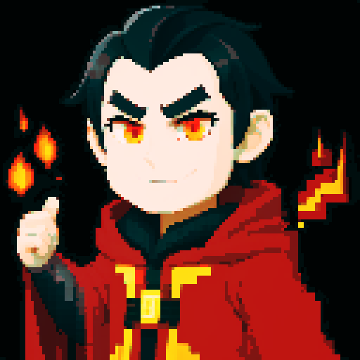 Dark Evil Male Wizard with black hair and bright eyes, wearing a red and black robe with golden-trimmed lining, conjuring a blazing fireball in a fantasy RPG style