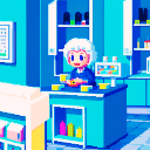 Wide eyed white dog in a drugstore, old woman behind register