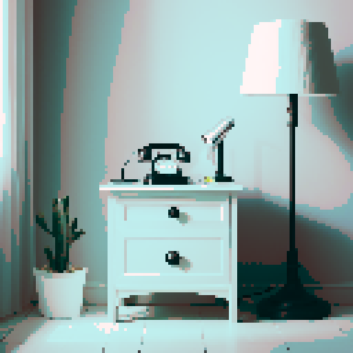 White nightstand, old black telephone, lamp