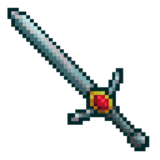 A sword with an embedded ruby and a steel handle, laid diagonally, with transparent background