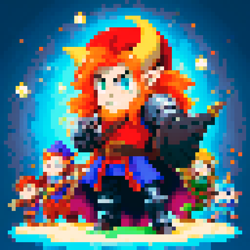 Four characters with unique features, portrayed as vibrant game icons in pixel art style, showcasing their distinctive traits and personalities: fiery-haired warrior, mysterious cloaked wizard, agile acrobat with a mask, mechanical cyborg with glowing eyes, ethereal elf with flowing hair, fierce fanged beast, armored knight with a shield, and a mischievous jester with a jingling hat
