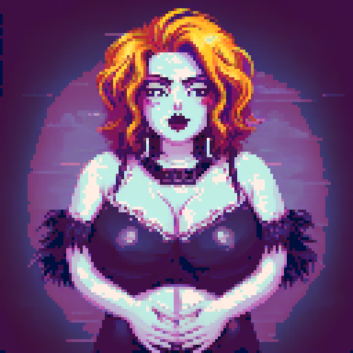 Plus size busty goth girl, with long purple hair, eyeliner, red lipstick. wearing a halter top and spiked collar. Posing for a up close face portrait. vibrant sRGB colors, pixel art, edgy aesthetic
