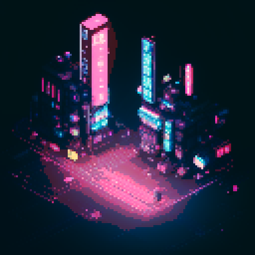 isometric 3D anime girl hovering in street, Japanese cyberpunk, neon lights, futuristic cityscape, dark colors, pixel art