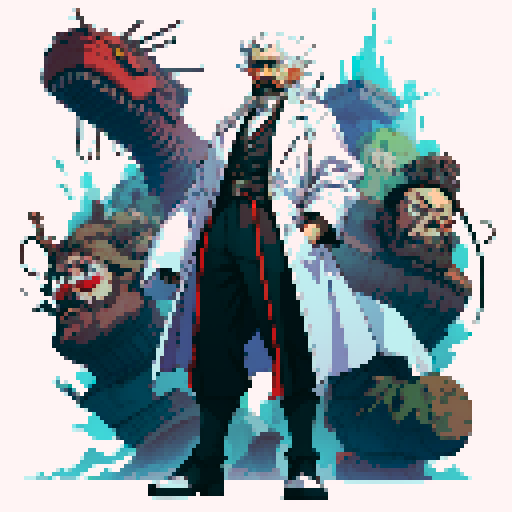 male mad scientist facing left with white mustache full-body image
