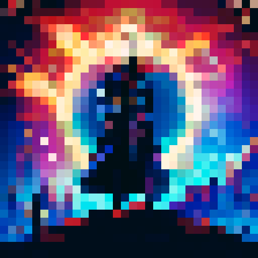 Doctor Strange, levitating in a mystical haze, surrounded by floating artifacts and glowing runes, with a pixelated sRGB landscape of an otherworldly realm in the background