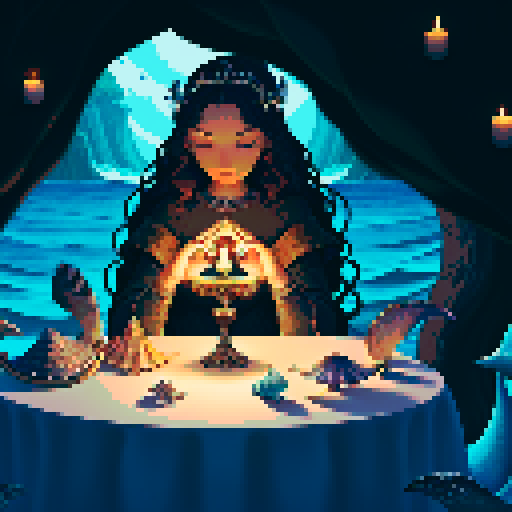 A close-up of a woman's hands over a table during a tarot card reading in a medieval dark style. The table is adorned with elements of the ocean such as sea shells, sand, and small pieces of coral. The atmosphere is mystical and dimly lit, with candlelight casting shadows that enhance the eerie and magical mood. The woman's hands are gracefully poised over the cards, which also have oceanic designs like waves and mermaids.