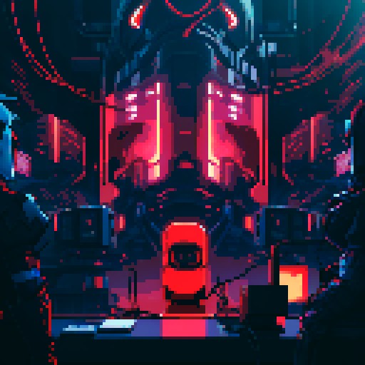 giant futuristic computer banks, vivid red monitors, hanging cables and cords, bioorganic towers of machines, dark fog, snaking cables on pixel art