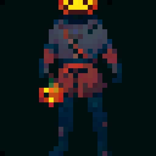 A headless horsemen character. This will be the player character. They have a pumpkin for their head. In some versions it will be without the head and will hold the pumpkin in its hands. But this version the player should have the pumpkin head. Headless horsemen also ride horses but I don't want that for this version.

The head should be clearly visible. The body should be short, with the body being about the same size as the head, maybe smaller, like in Mario games.