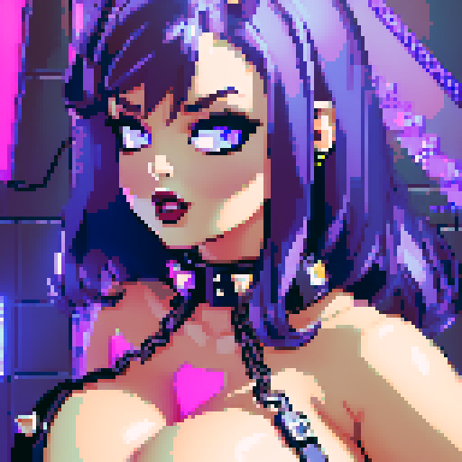 curvy, busty goth babe with studded collar. Nude big titty goth, in a close up nude glamour shot. Neon lighting, modern tile backsplash.