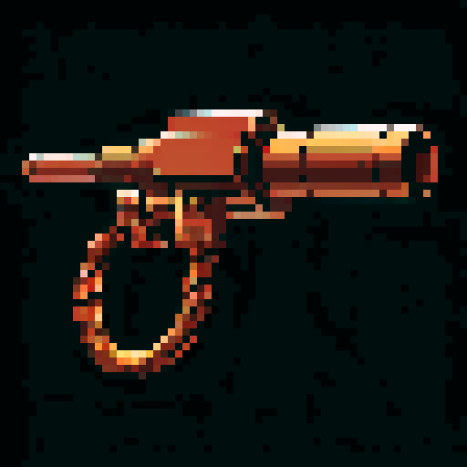 I want a copper minigun seen from a head on perspective. I want this object usable an asset in a videogame, meaning only one object per image, outlined with a strong black stroke, on a solid-color background.