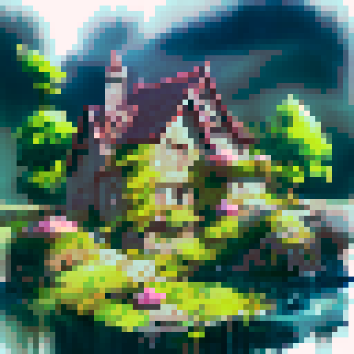 Majestic castle overlooking a misty river, perched atop a rocky hill, surrounded by lush green forests and a rainbow-colored sky, depicted in a landscape portrait style.