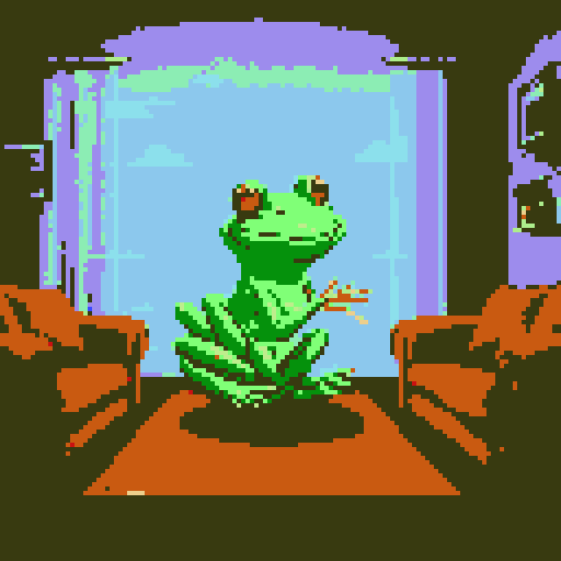 In the cozy ambiance of a dimly lit room, a small, jovial frog perches comfortably upon a plush couch chair, its diminutive size emphasized by the vastness of the furniture. The flickering flames of a nearby fireplace cast a warm glow, enveloping the space in a soft, golden light, creating an atmosphere of comfort and relaxation. With a mug clasped delicately between its tiny webbed fingers, the contented frog takes a sip of steaming coffee, its expression reflecting pure bliss.
