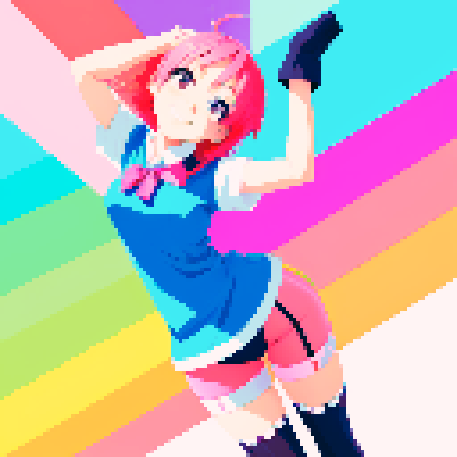 An anime style girl with bright hair, expressive eyes and playful smile stretches out her legs in stockings made in bright sRGB color space