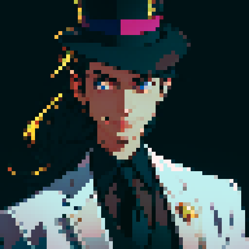 guy, black formal suit, tie, top hat, smile mask, gold details, Magic The Gathering style, sRGB, pixel art