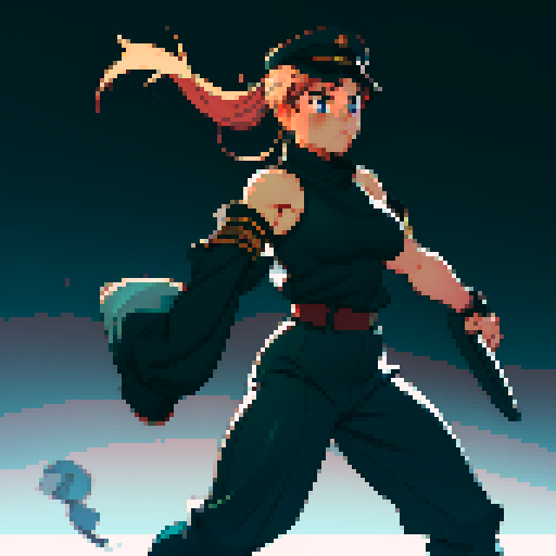 full-body image, muscle girl, female, thick biceps, big shoulders, big fists, muscular physique, thick waist, facing left, ready to fight, exaggerated proportions, black military uniform, black hat, military backdrop, sRGB, pixel art, no background, no backdrop, facing left, fists raised, ready to fight, full-body