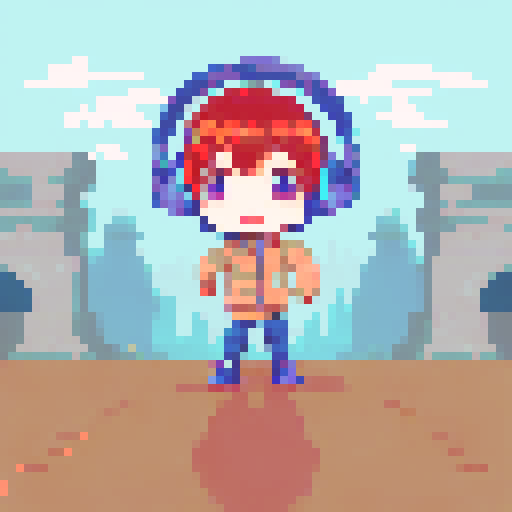 Chibi boy with rosy cheeks, wearing large headphones and a huge puffy jacket, looking from a highly detailed first person point of view, retro game style avatar