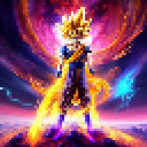 Goku wielding a glowing, golden staff battles a dragon with emerald scales amidst a sprawling, mystical landscape featuring towering, crystalline spires and a pulsing, purple sky in a fantastical RPG style.