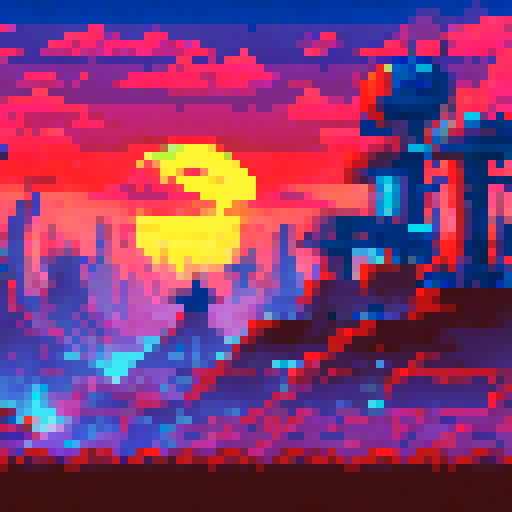 Futuristic robot factory with a run-down setting, apocalyptic atmosphere featuring a pixel art, sRGB landscape background