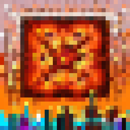 A vibrant, bustling cityscape with towering skyscrapers, bustling streets filled with neon lights and bustling crowds, all rendered in a pixelated, 32x32 skill art style.