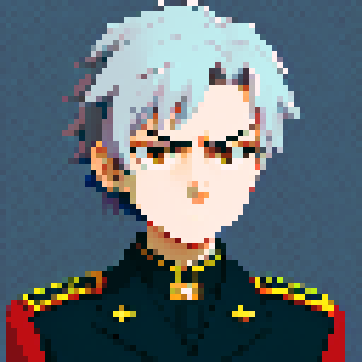 minister of defense, serious expression, graying hair, piercing eyes, close-up, confident stance, anime style, pixel art, military uniform, front view