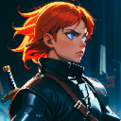 a male character with orange hair, blue eyes , job class warrior, wearing leather armer and holding sword , idlestate, facing front