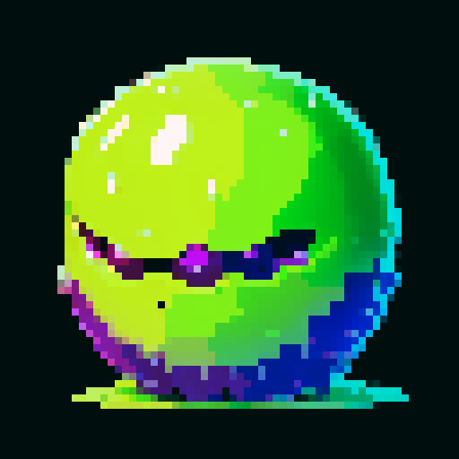 A dangerous slime with a toxic purple hue, emitting a faint glow. It has sharp, sinister eyes and a menacing expression, with toxic bubbles inside. No background.
