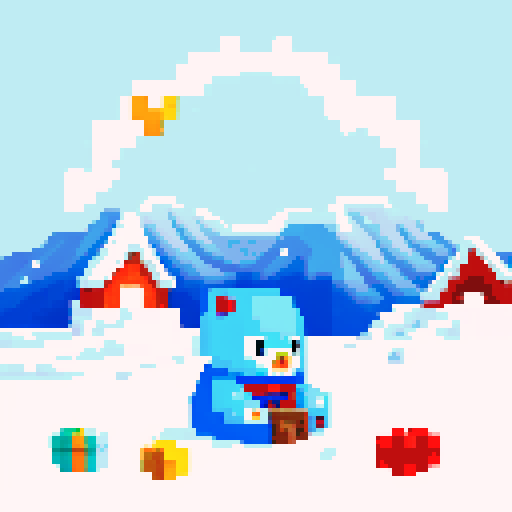 pixel art, sRGB, winter town mountain range, tiny pixel seal sitting, tiny human eskimo character, hanging out