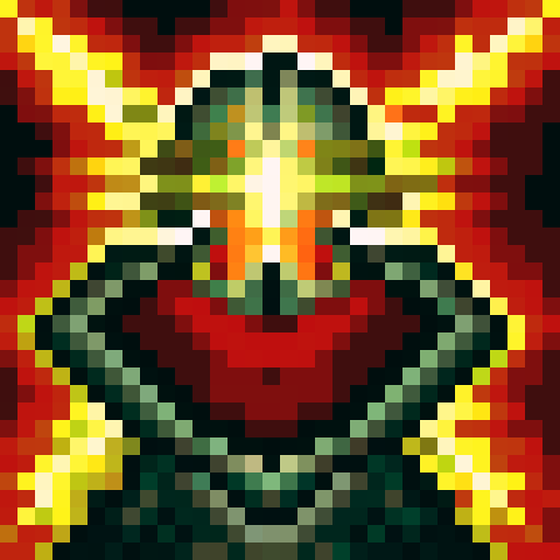 Firebreathing war general with a fierce expression, adorned in golden armor and a red cape, holding a sword with flames licking the blade, against a background of billowing smoke and embers in a pixelated, skill art style for a game icon.