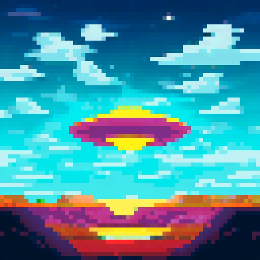 wide, silver flying saucer, with small yellow glowing lights, viewed from below at an angle