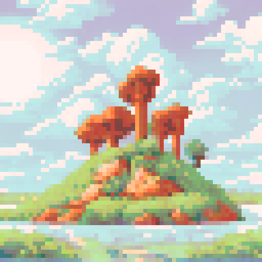 A vibrant, sun-kissed meadow with blooming wildflowers, towering trees, and a serene lake, all rendered in crisp, pixelated glory with a whimsical, retro-inspired color palette and a subtle, painterly background