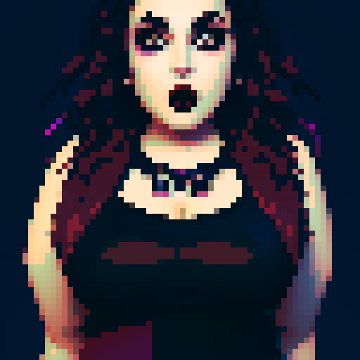 plus size busty goth girl, long purple hair, eyeliner, red lipstick, halter top, spiked collar, up close face portrait, vibrant sRGB colors, pixel art
