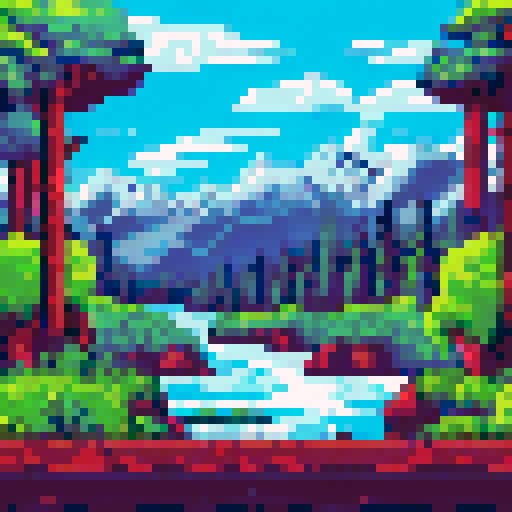 Snow-capped peaks towering over a forest of pine trees, with a river snaking through the foreground in a pixelated, sRGB-style landscape