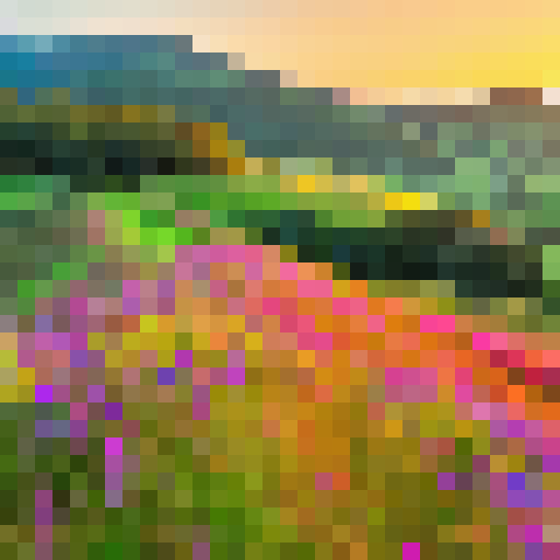 A colorful landscape of rolling hills, dotted with vibrant wildflowers, stretching out towards a majestic, golden sunset, evoking feelings of gratitude and thankfulness.