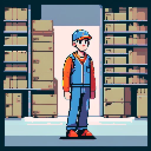 young, male warehouse worker, Amazon Germany, pixel art