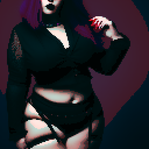 Curvy, busty goth girl, with purple hair, black eyeshadow and red lipstick. wearing bikini and studded collar, sexy seductive glamour shot, vibrant srgb colors, edgy aesthetic