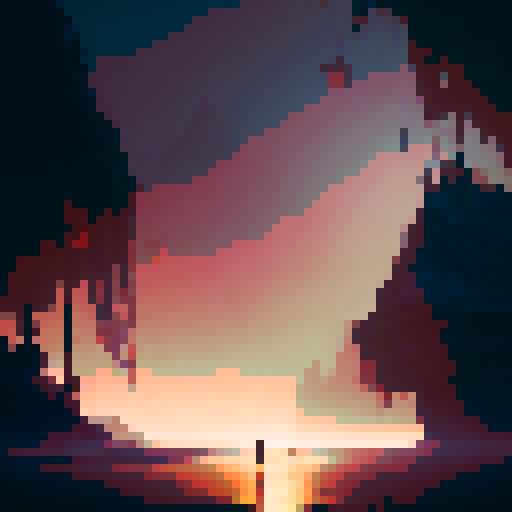 Fishermen with lanterns, their silhouettes barely visible through the thick fog as they dance on the beach beneath the stunning, cinematic sunset of a gloomy, fantasy RPG village