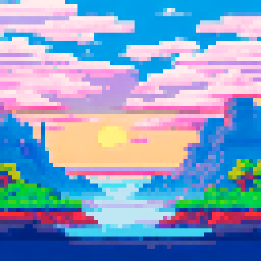 Clouds floating across a transparent sky, creating a parallax scrolling effect in a pixel art landscape with a vibrant sRGB color palette