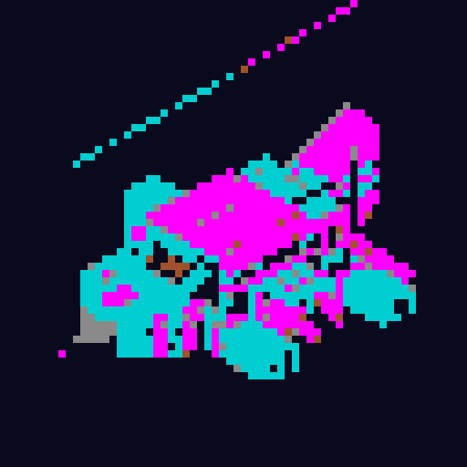 16-bit pixel art rogue spaceship, rusty silver hull, cyan-magenta hyperspace trail, glowing cyan engines, bolted-on pod, SNES style, 64x64px grid, 16-color palette.

