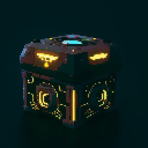 futuristic lootbox, glowing buttons, intricate details, pixel art style