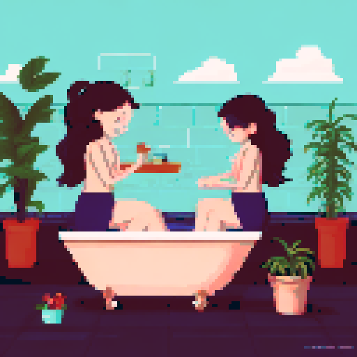 2 girls with short brown hair sitting in a bathroom, one of them in the bath, the other one on the floor. The bathroom is pretty and has a lot of plants, and sunny. Both girls look pretty and cute