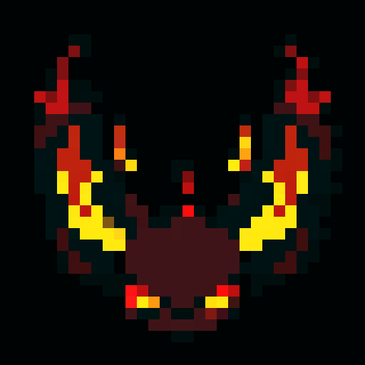 A fiery demonic creature with flames flickering on its body, larger wings, and glowing red eyes. It emits a faint glow and has a sinister expression. No background.

