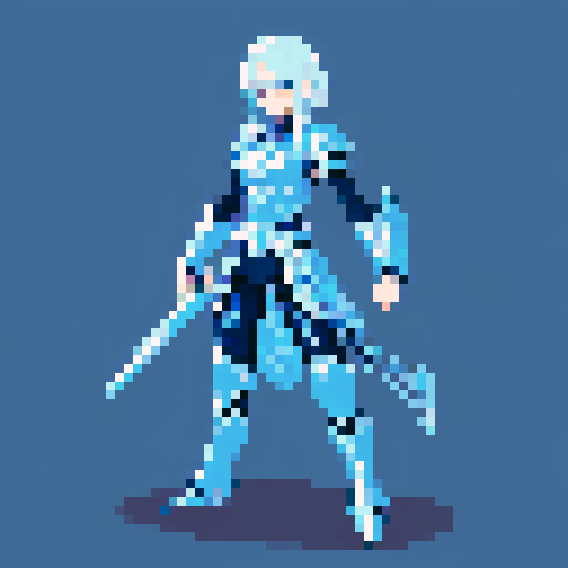 tall, slender human, silver hair, ice-blue eyes, midnight-blue armor, rune engravings, mystique, power, pixel art, sRGB, girl, 2D game stance, fantasy clothing