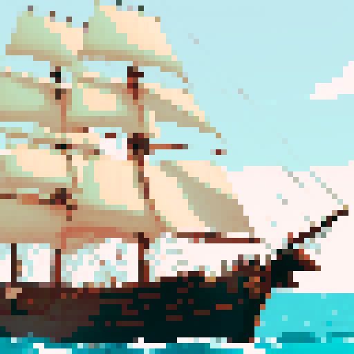British frigate circa 1800 with a dark oak wooden hull, 14 gun ports, cream-white canvas sails on three tall masts Golden-brown stern carvings, reddish-copper bottom plating, turquoise Mediterranean waters. Weathered gray ropes and rigging under warm morning light, character portrait, close up, anime style, pixel art.