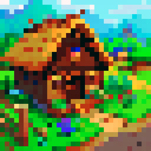 woodcutter building, medieval style, Stardew Valley, front perspective, rustic wooden structure, thatched roof, stone foundation, lush green surroundings, pixelated details, vibrant colors, sRGB