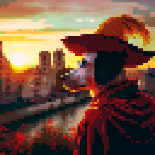 A dog as a musqueeter looking at a sunset in medieval Paris