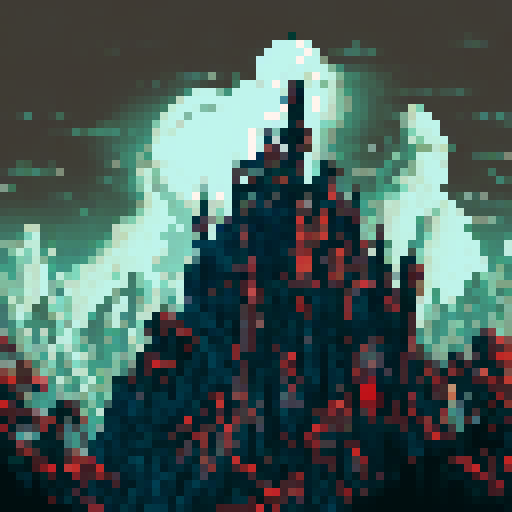 Dark, brooding landscape, Dracula's vampire castle, towering gothic spires, foreboding shadows, moonlit courtyard, gargoyles perched atop, swirling mist, ancient ivy-covered walls, blood-red sky, pixelated art, sRGB