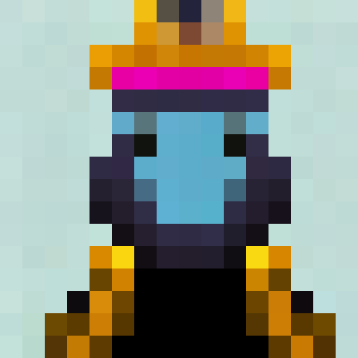Regal penguin princess, adorned with a golden crown and opulent jewels, poses proudly for her 16x16 pixel portrait in a regal and pixelated art style.